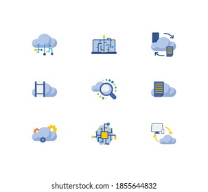 Cloud service icons set. Search and cloud service icons with cloud computing, machine learning and file storage. Set of development for web app logo UI design.
