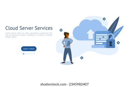 Cloud service illustration. characters are looking at security cloud server services. cloud server service concept. vector illustration.