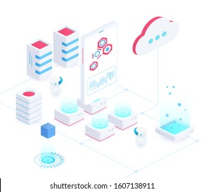Cloud service isometric vector illustration. Connection and communication. Innovative technology for info storage. Wireless access to digital platform. Data center cartoon conceptual design element