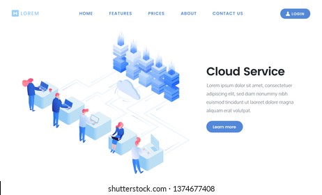 Cloud service landing page vector template. Data web storage, cloud computing isometric illustrations with site navigation, menu. Software development, programmers coding process website mockup