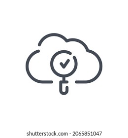 Cloud service with magnifier and check mark line icon. Online storage research vector outline sign.