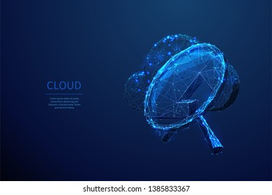 Cloud service and magnifying glass composed of polygons. Low poly vector illustration of a starry sky style. Analysis or cloud Search symbol. Business, science or Internet technology concept.