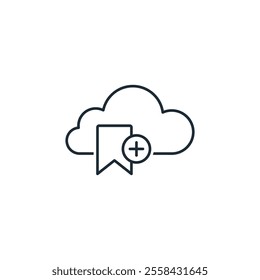 Cloud service marked with a bookmark with a plus sign. Vector linear icon isolated on white background.