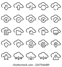 Conjunto de iconos de línea de red y servicio en la nube.
Base de datos y almacenamiento en línea.
Cloud Computing, Cloud storage icon set.