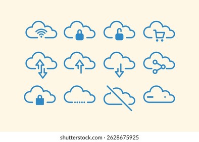 Iconos de línea relacionados con el servicio en la nube y la red. Base de datos y Vector de almacenamiento en línea conjunto de iconos lineales.