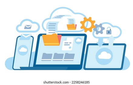 Servicio en la nube en el portátil. Intercambio de información en línea. Pantallas de teléfono y de tablet. Conexión inalámbrica a dispositivos. Computación digital. Transferencia de datos por Internet. Carpetas de documentos