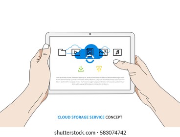 Cloud service on tablet vector illustration. Person holds tablet with cloud storage app on the screen creative concept. Access to wireless interface to transfer data to remote servers graphic design.