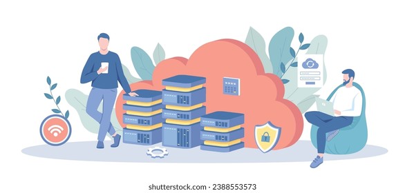 Cloud Service, almacenamiento y transferencia de datos en línea, backup de información. Software como servicio. Ilustración vectorial con situación de carácter para web.