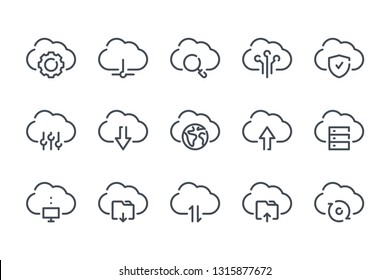 Cloud service and Online Hosting line icons. Cloud network and data vector linear icon set.