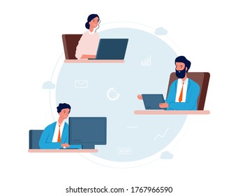 Servicio en la nube. La gente trabaja a distancia, equipo de negocios en línea. Tecnologías para trabajo independiente de ilustración de vector de hogar