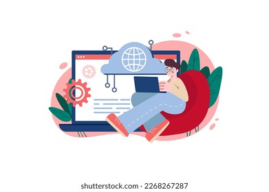 Cloud service red concept with people scene in the flat cartoon design. Guy uploads the data to cloud storage to work with later. Vector illustration.