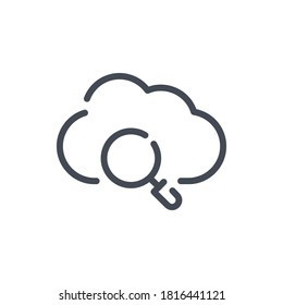 Cloud service research line icon. Search magnifier with cloud vector outline sign.