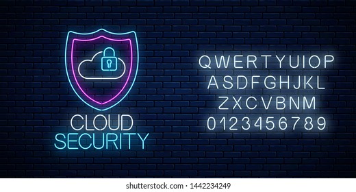 Cloud service security glowing neon sign with alphabet on dark brick wall background. Internet protection symbol with shield, cloud and padlock. Vector illustration.