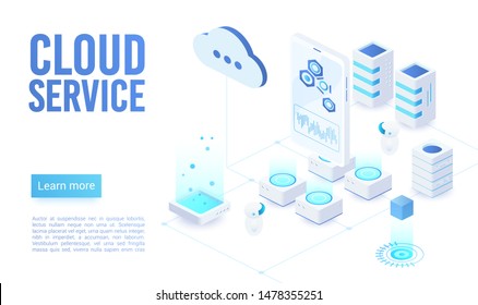 Cloud service soft light landing page isometric vector template. Programmer synchronizing personal information. Database neon storage, data encryption and protection. Cloud computing website homepage