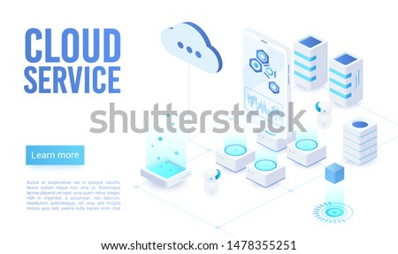 Cloud service soft light landing page isometric vector template. Programmer synchronizing personal information. Database neon storage, data encryption and protection. Cloud computing website homepage