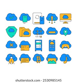 Vector de conjunto de iconos de Colección de almacenamiento de servicios en la nube. Seguridad E Información De Datos En La Nube, Almacenamiento De Música Y Fotografía, Seguridad De Juegos Y Ilustraciones De Contorno De Color De Locación