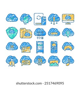 serviços de nuvem armazenamento ícones de doodle definir vetor. esboço linha arte nuvem segurança de dados e informações, música e fotografia armazenamento, jogo seguro e localização de ilustrações de cores
