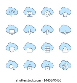 Cloud service, Storage and Cloud network technology related blue line colored icons.