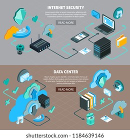 Cloud service technology data center and internet security horizontal banners set with isometric flowchart 3d isolated vector illustration