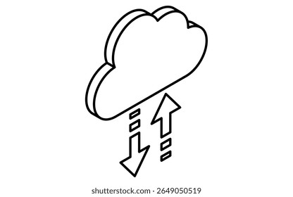 Cloud service upload and download isometric line icon with arrows and cloud storage symbol, black and white, Vector Illustration