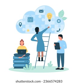 Cloud service usage vector illustration. Cartoon tiny people work with puzzle jigsaw inside cloud diagram, plan workflow with software pieces and database, network infrastructure and connection