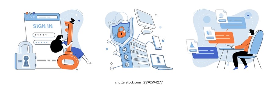 Cloud service vector illustration. Cybersecurity is crucial for protecting information in digital realm Cloud storage offers convenient and secure way to store business data Digital businesses rely