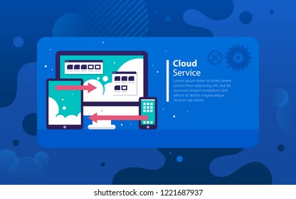 Cloud service. Vector illustration in modern flat style with bright colors. A computer, tablet and a phone linked together with red arrows. Document sharing.