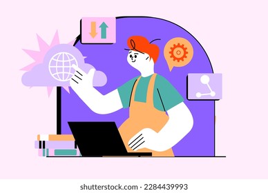 Cloud service waist high concept with people scene in the flat cartoon style. Technician uploads data and important information to the cloud storage. Vector illustration.