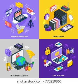 Cloud services 2x2 design concept set of cloud computing data center Internet security and file hosting square compositions isometric vector illustration 