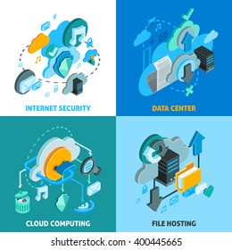 Cloud Services Concept Icons Set With Data Center And Internet Security Symbols Isometric Isolated Vector Illustration 