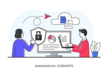 Cloud services concept. Man and girl send files. Tethered devices, globalization and digital world. Internet and modern technologies. Applications and programs. Cartoon flat vector illustration