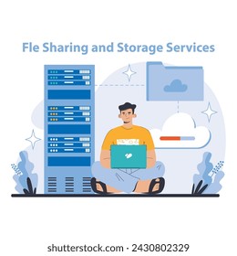 Concepto de servicios en la nube. Soluciones optimizadas para compartir archivos y almacenamiento expansivo. Gestión de datos segura y accesible para usuarios de todo el mundo. Mejora de la eficiencia del espacio de trabajo virtual. Ilustración de vector