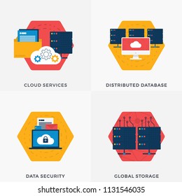 Cloud Services, Data Security, Global Storage, Distributed Database Flat Banners for Websites. Vector Illustration Set About Internet and Security 