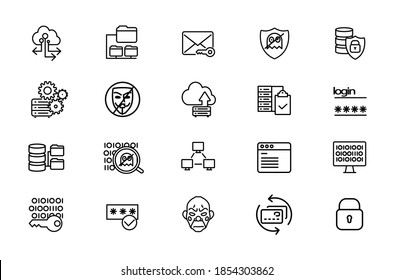 Cloud services and database protection linear icons set. Cloud storage outline symbols pack. Collection of internet hosting and server data transfer isolated contour illustrations. Editable stroke