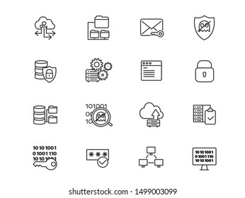 Cloud services and database protection vector linear icons set. Cloud storage outline symbols pack. Collection of internet hosting and server data transfer icons isolated contour illustrations