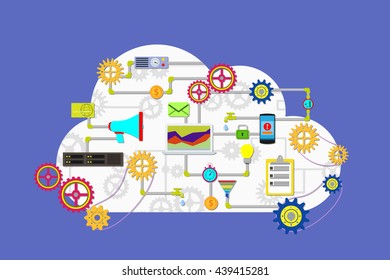 Cloud services device computer tablet phone. Web and application development flat banner with icons. Management digital marketing startup planning analytics creative team design.