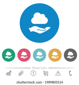 Cloud services flat white icons on round color backgrounds. 6 bonus icons included.