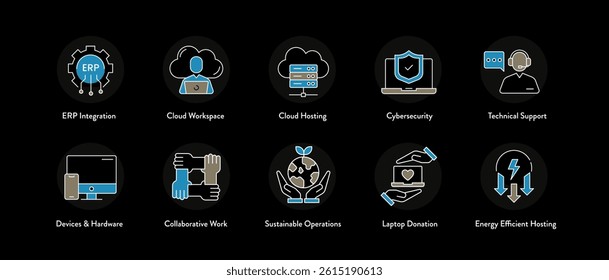 Cloud Services and Green IT Icons – Digital Infrastructure, Collaboration, and Energy Efficiency Symbols