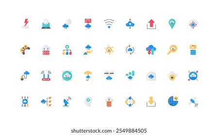 Conjunto de ícones de cores de serviços em nuvem, modelo de hardware e rede. SaaS, domínio e hospedagem, plataforma virtual para computar e controlar a alocação de dados, compartilhamento e upload de ilustração de vetor de elementos planos