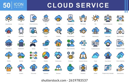 Cloud Services icon collection set. Containing servers, data, storage, security, and networking. Ideal for tech companies, startups, and digital applications.