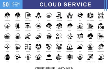 Conjunto de coleta de ícones de Serviços em Nuvem. Contendo servidores, dados, armazenamento, segurança e rede. Ideal para empresas de tecnologia, start-ups e aplicativos digitais.