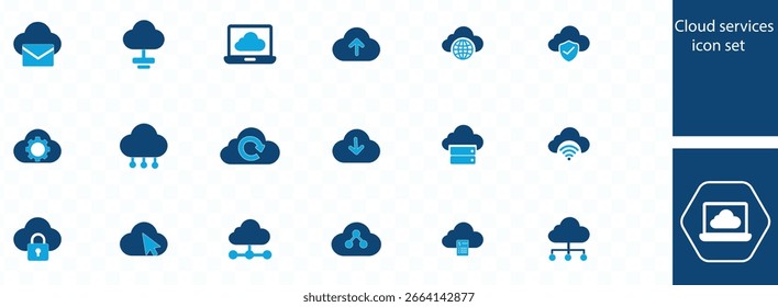 Conjunto de ícones de serviços em nuvem. Computação em nuvem, armazenamento, hospedagem, sincronização, transferência de dados, servidor em nuvem, rede, online, SAAS, digital e muito mais.