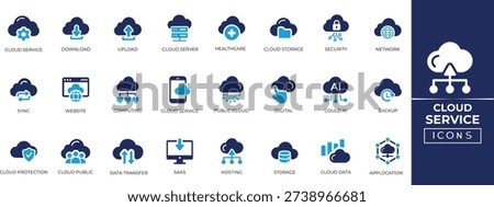 Cloud Services icon set. Icons of storage, backup, maintenance, network, connect, security, PaaS, IaaS, cloud computing platform. Solid icon collection