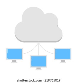 Cloud services icon. White cloud with computers.