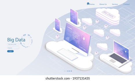 Cloud services isometric composition. Big data analysis storage business intelligence systems modern high tech isometric background connected with dashed lines