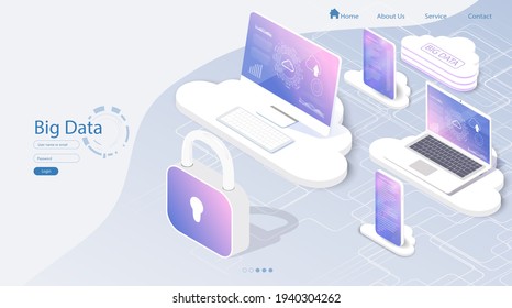 Cloud services isometric composition. Big data analysis storage business intelligence systems modern high tech isometric background connected with dashed lines