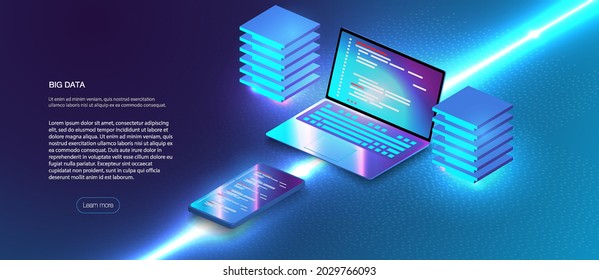 Cloud services isometric composition. Big data analysis storage business intelligence systems modern high tech isometric background connected with dashed lines. Station of future, server room