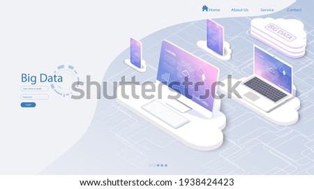 Cloud services isometric composition. Big data analysis storage business intelligence systems modern high tech isometric background connected with dashed lines