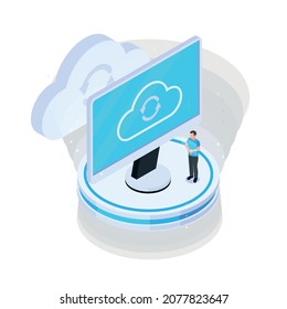 Cloud services isometric composition with computer screen showing cloud sync icon and human character vector illustration
