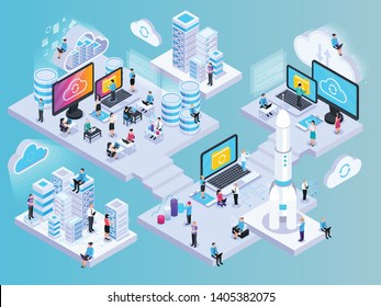 Nube servicios composición isométrica con imágenes conceptuales de elementos de red cápsulas de almacenamiento y pequeños caracteres humanos ilustración vectorial